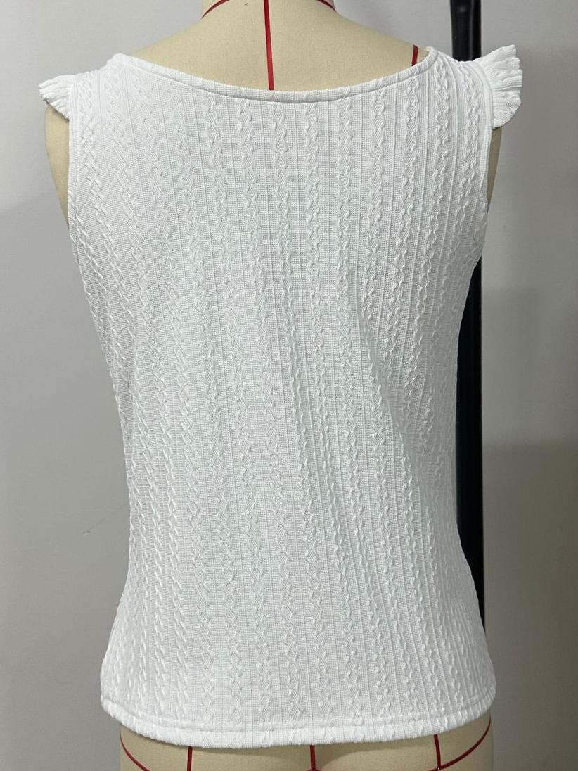 Ruffle Strap Button Front Textured Tank - White - 1