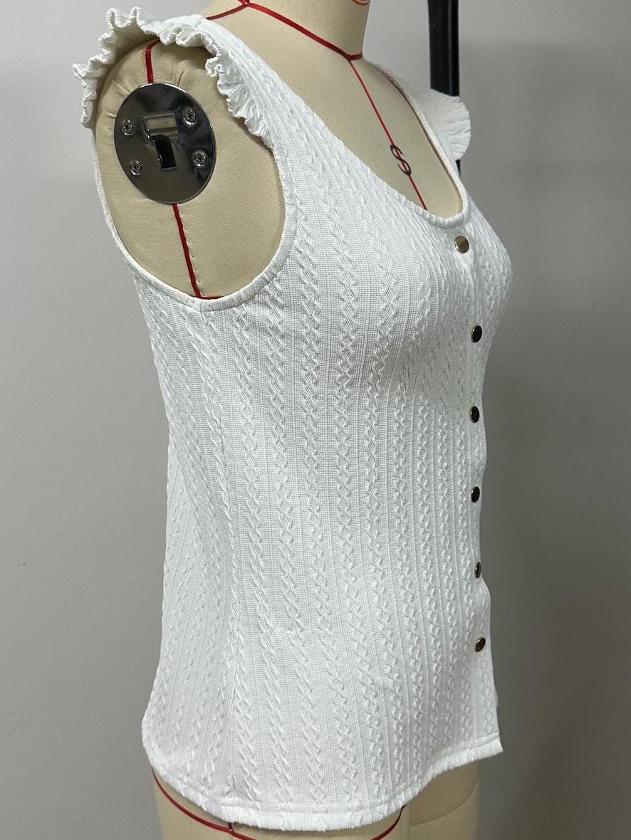 Ruffle Strap Button Front Textured Tank - White - 2