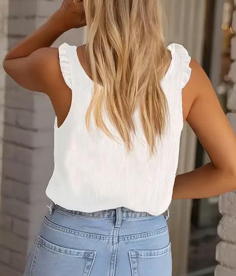 Ruffle Strap Button Front Textured Tank - White - 4
