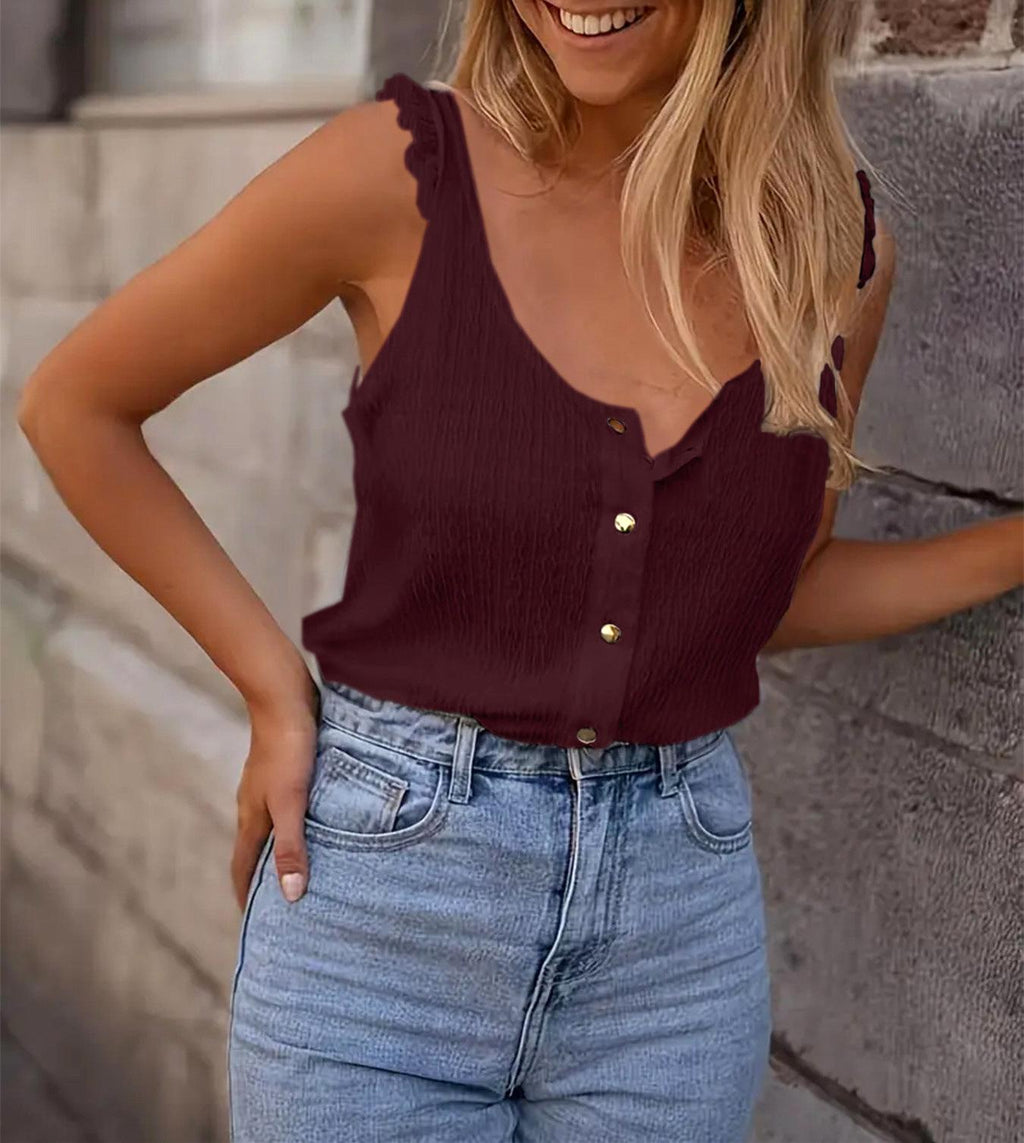 Ruffle Strap Button Front Textured Tank - Wine_red