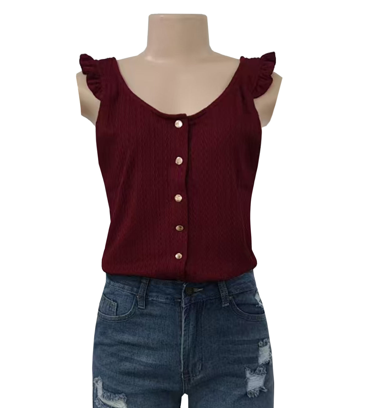 Ruffle Strap Button Front Textured Tank - Wine_red - 1