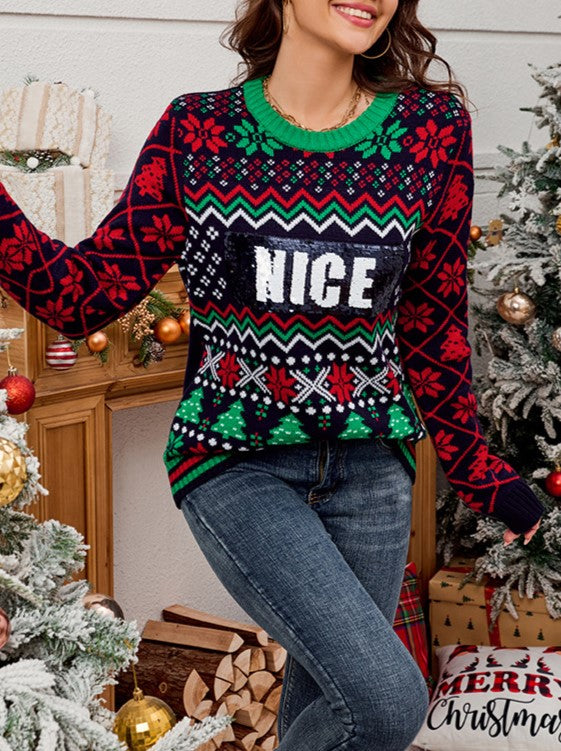 Sequin Slogan Fair Isle Christmas Sweater - Black - 1