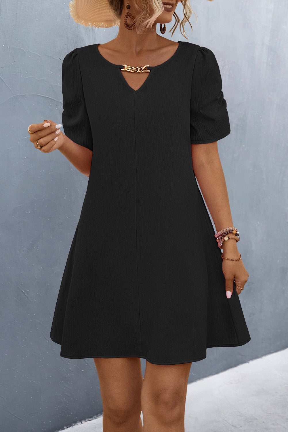 Chain Detail Puff Sleeve Shift Dress - Black