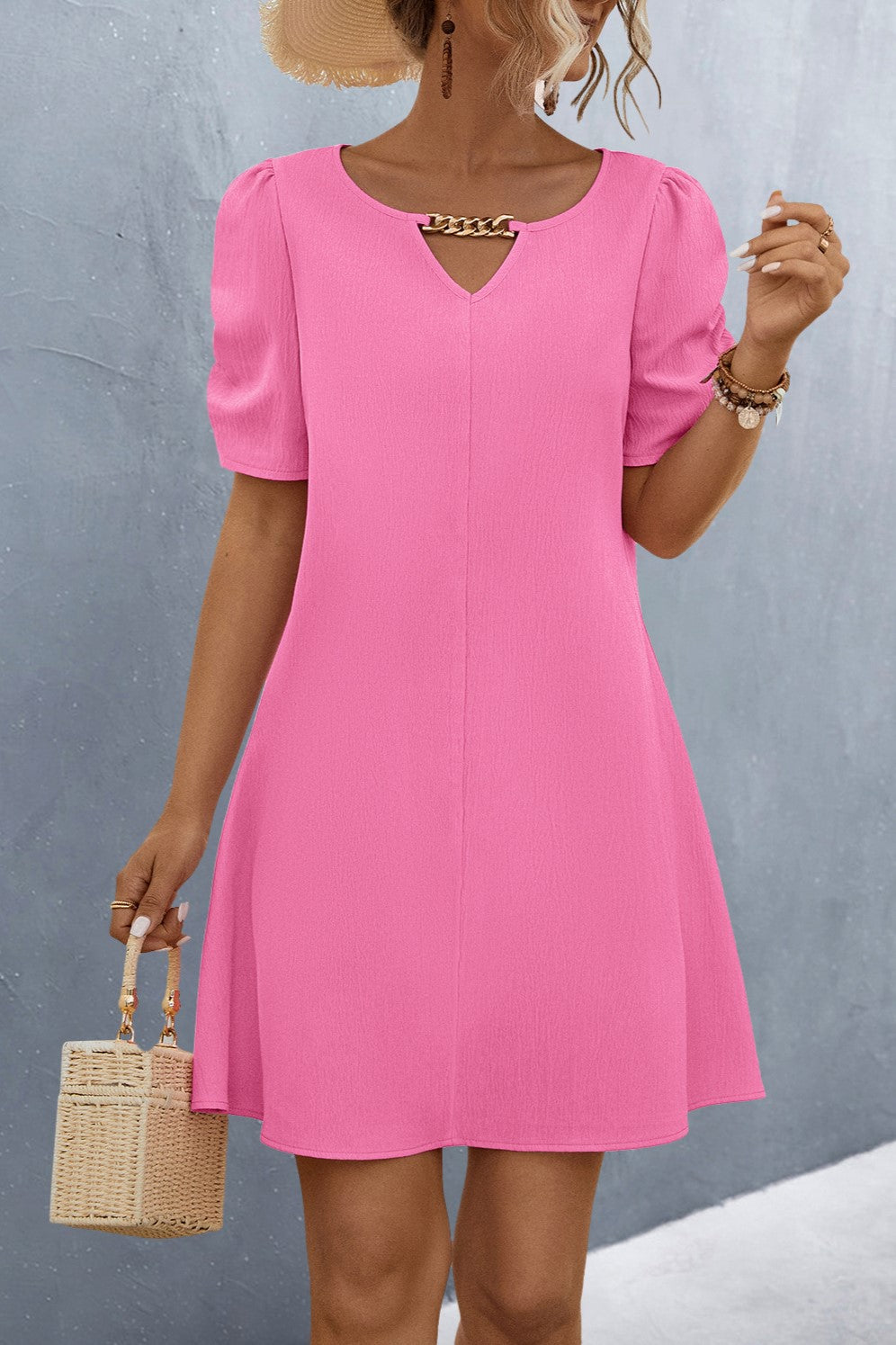 Chain Detail Puff Sleeve Shift Dress - Pink - 1