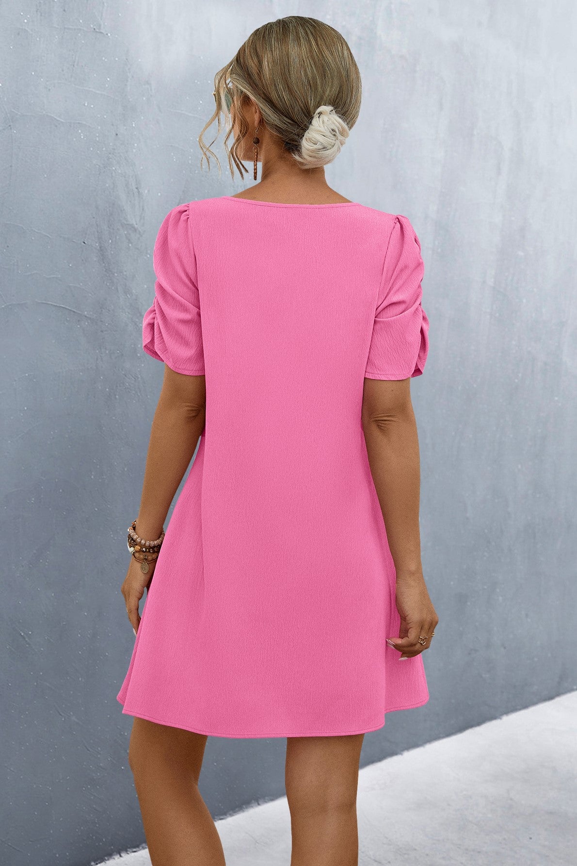 Chain Detail Puff Sleeve Shift Dress - Pink - 4
