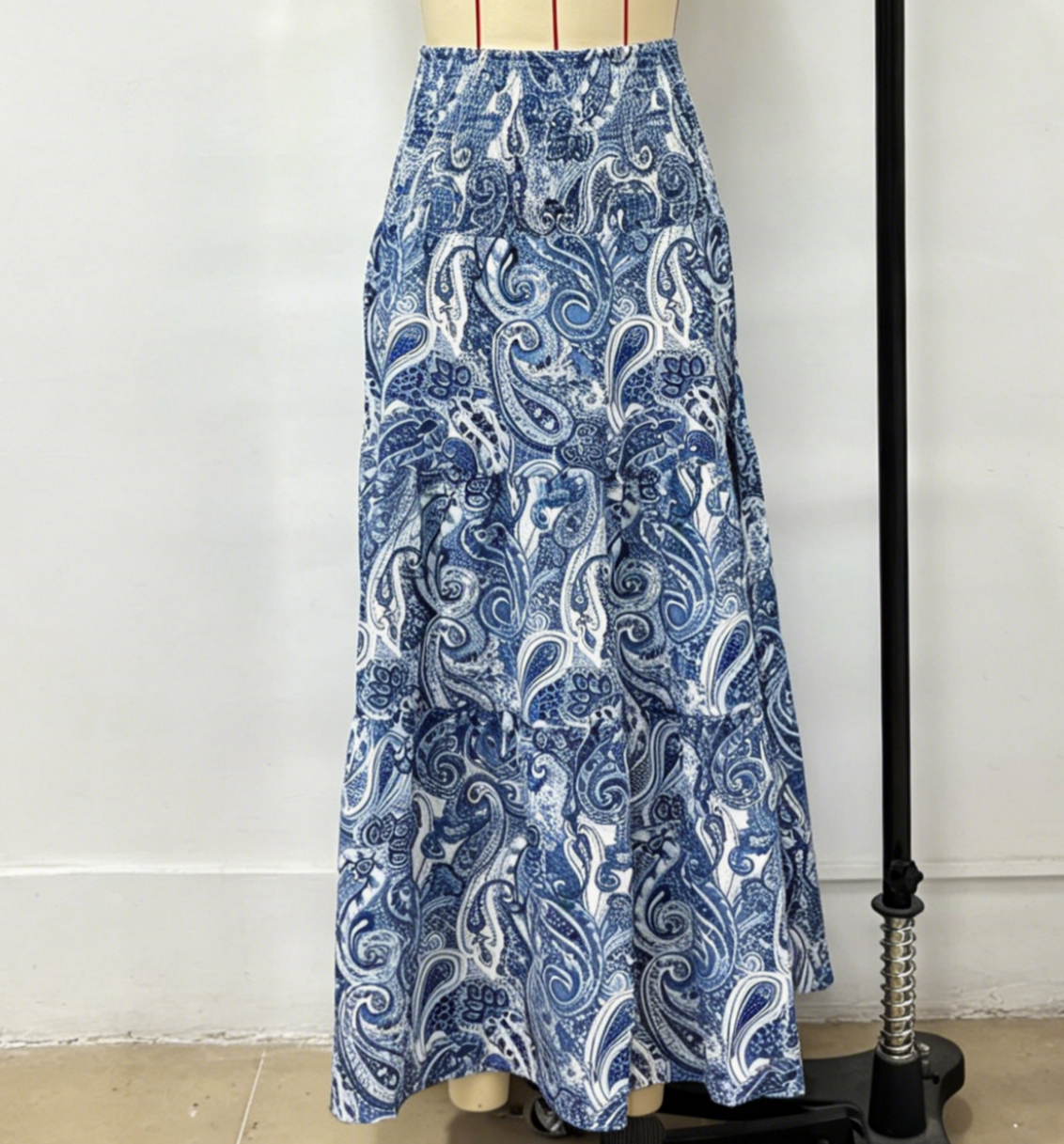 Ruffled Paisley Maxi Skirt With Stretch Waist - Blue