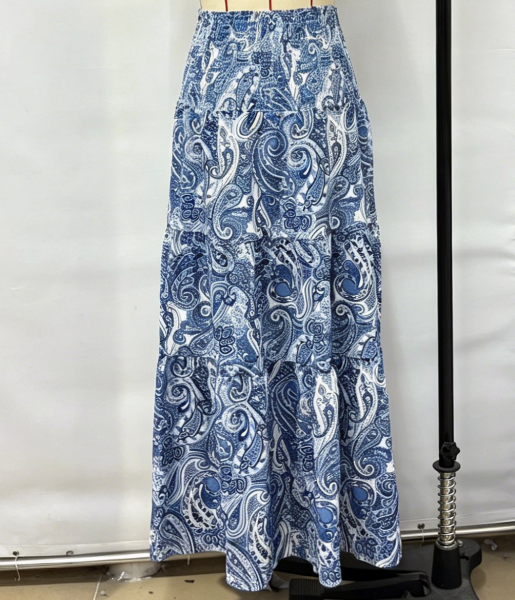 Ruffled Paisley Maxi Skirt With Stretch Waist - Blue - 2