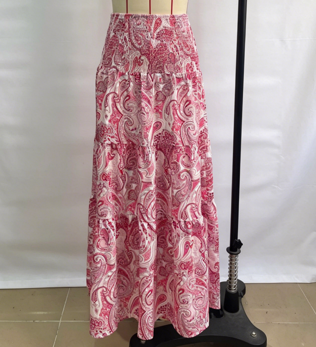 Ruffled Paisley Maxi Skirt With Stretch Waist - Pink