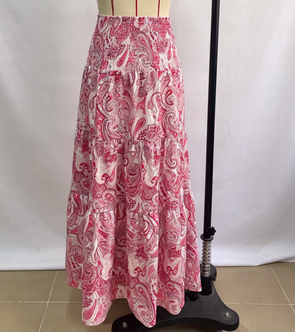 Ruffled Paisley Maxi Skirt With Stretch Waist - Pink - 2