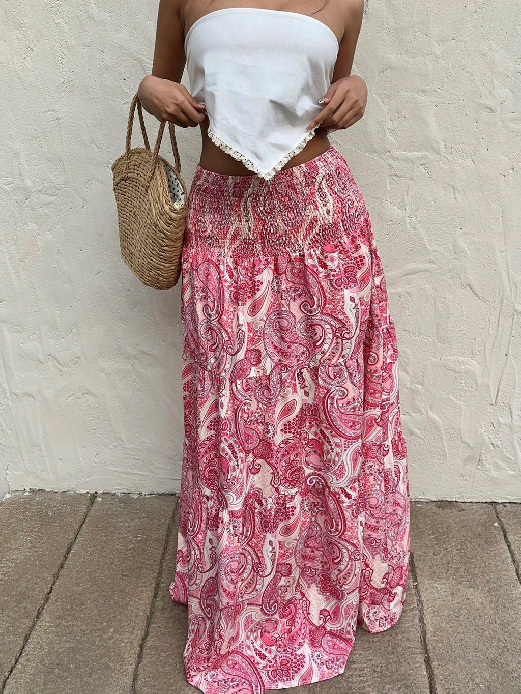 Ruffled Paisley Maxi Skirt With Stretch Waist - Pink - 5