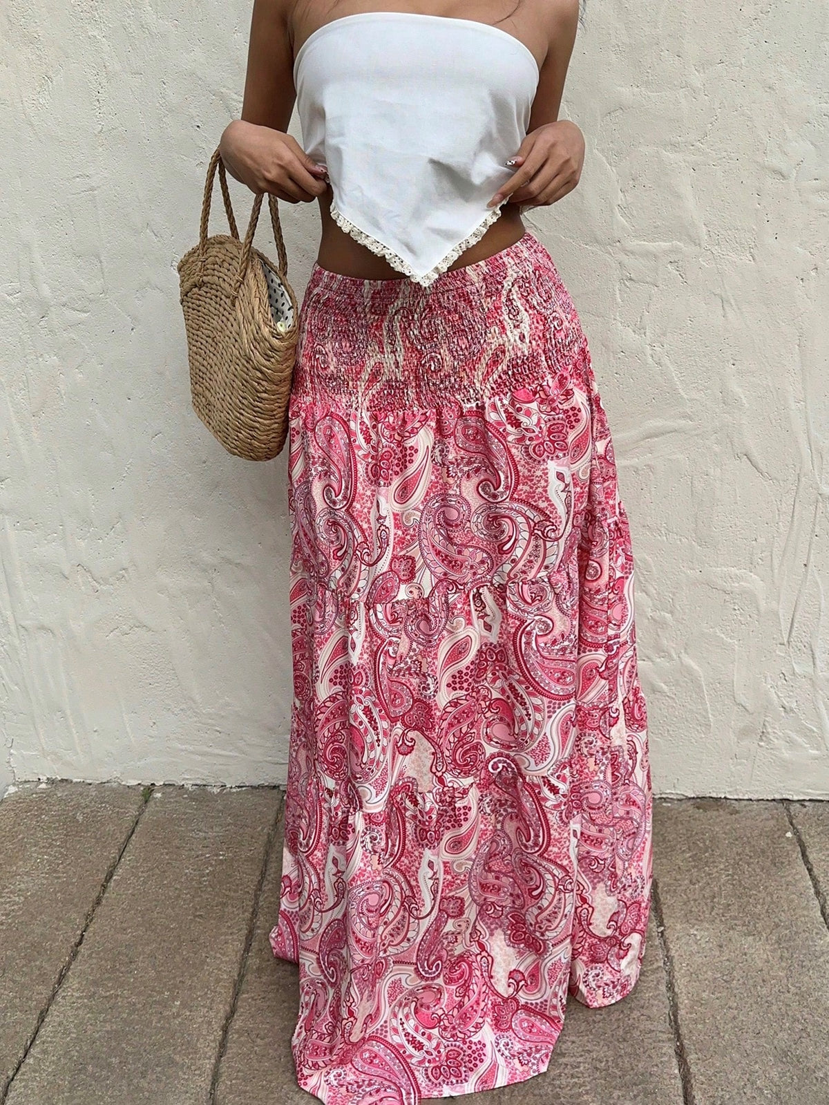 Ruffled Paisley Maxi Skirt With Stretch Waist - Pink - 5