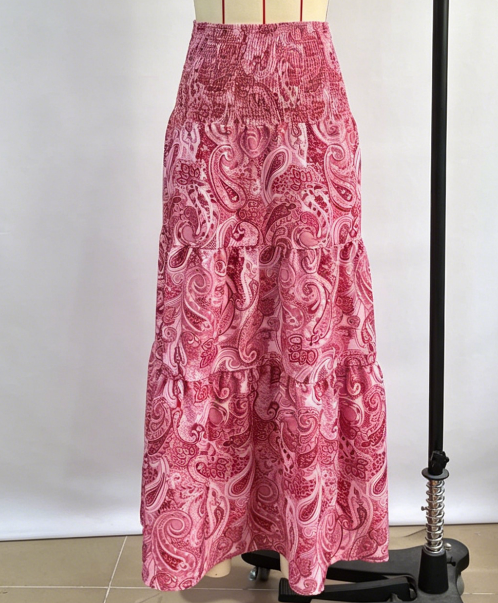 Ruffled Paisley Maxi Skirt With Stretch Waist - Red - 1