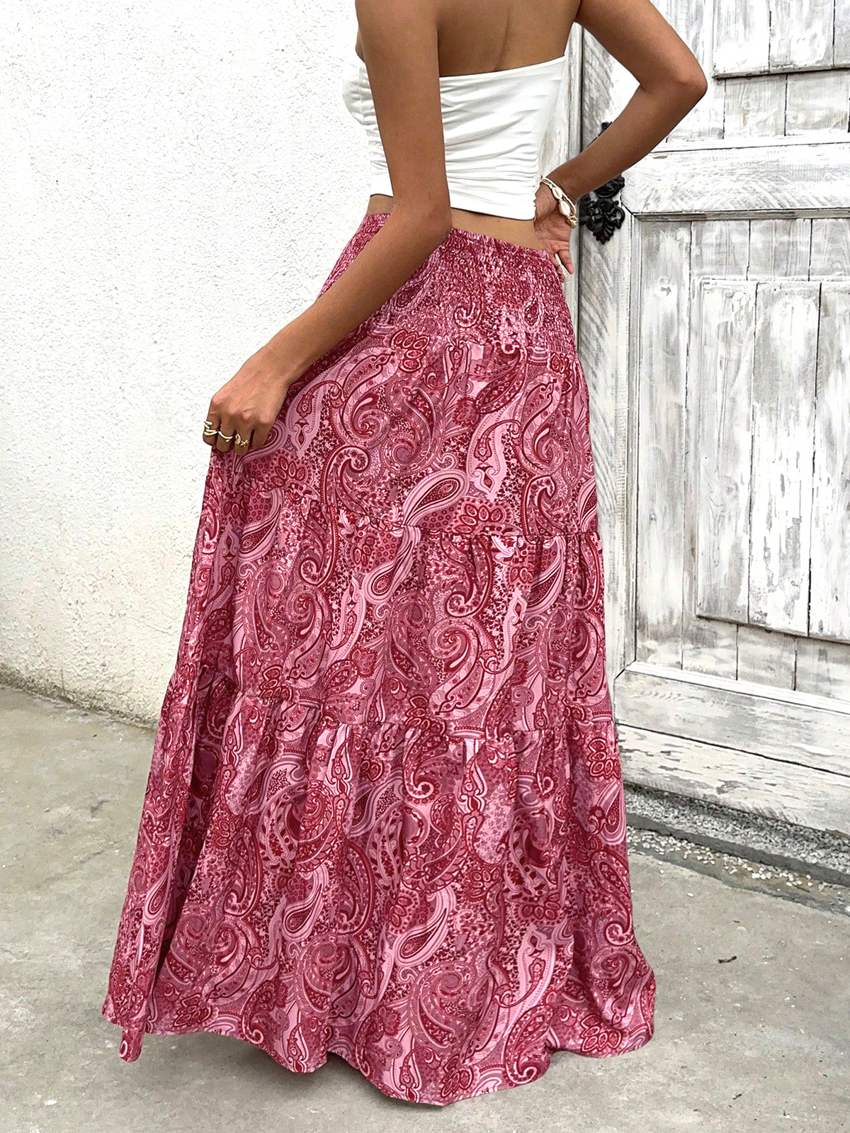 Ruffled Paisley Maxi Skirt With Stretch Waist - Red - 3