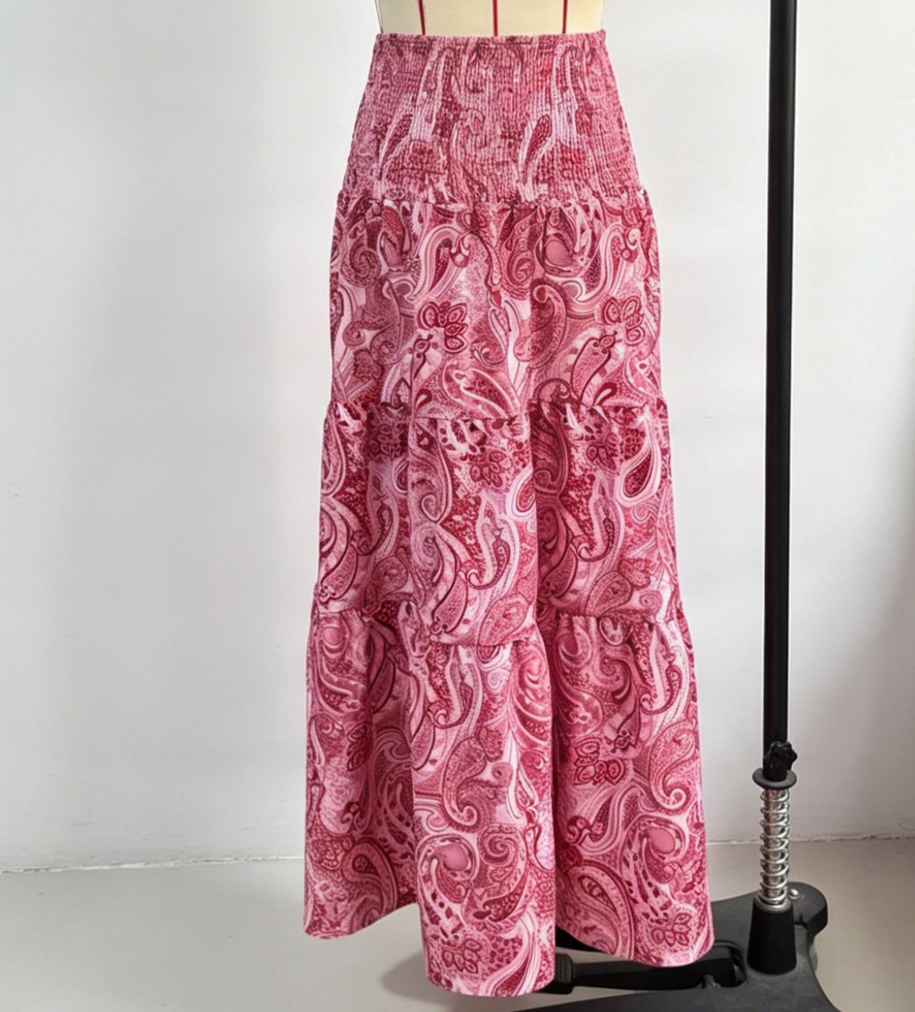 Ruffled Paisley Maxi Skirt With Stretch Waist - Red - 4