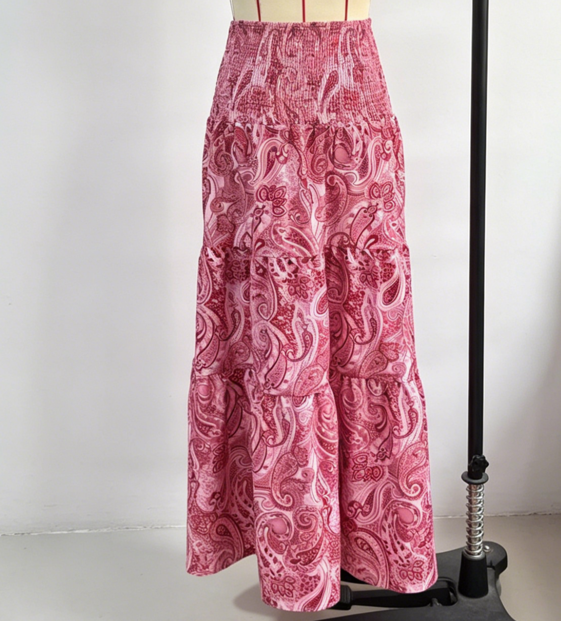 Ruffled Paisley Maxi Skirt With Stretch Waist - Red - 4
