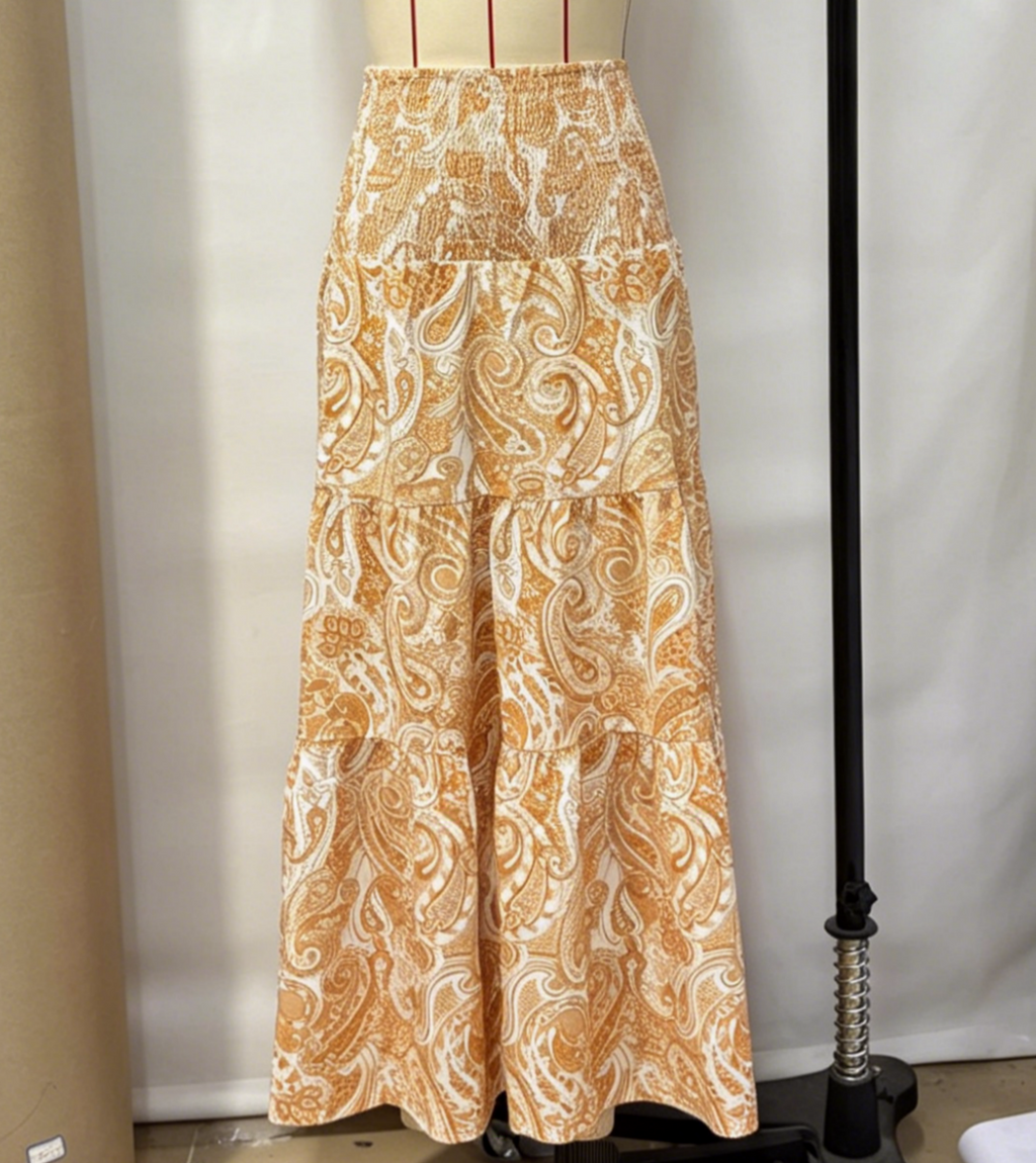 Ruffled Paisley Maxi Skirt With Stretch Waist - Yellow