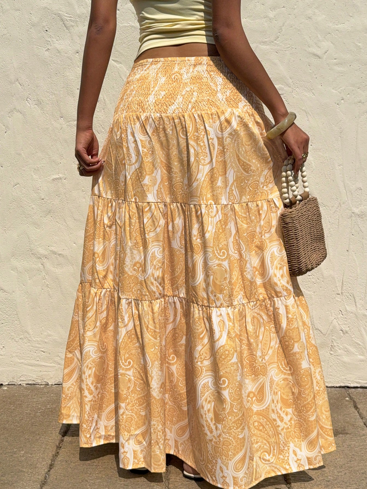 Ruffled Paisley Maxi Skirt With Stretch Waist - Yellow - 1