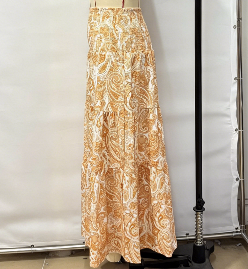 Ruffled Paisley Maxi Skirt With Stretch Waist - Yellow - 2