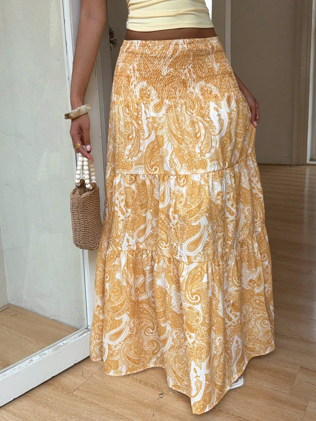 Ruffled Paisley Maxi Skirt With Stretch Waist - Yellow - 3