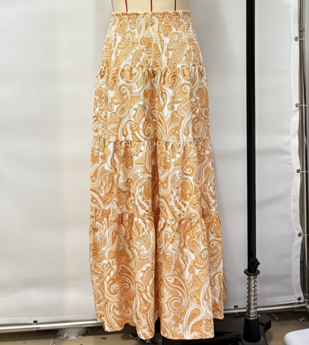 Ruffled Paisley Maxi Skirt With Stretch Waist - Yellow - 4