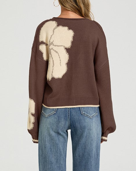 Oversized Floral Jacquard V Neck Cardigan - Coffee - 1