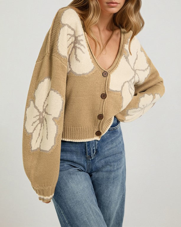 Oversized Floral Jacquard V Neck Cardigan - Khaki - 1