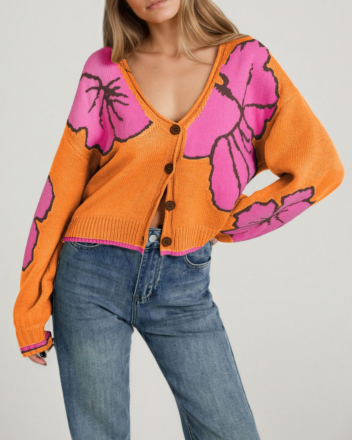 Oversized Floral Jacquard V Neck Cardigan - Orange