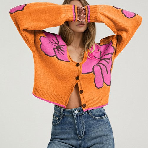 Oversized Floral Jacquard V Neck Cardigan - Orange - 1