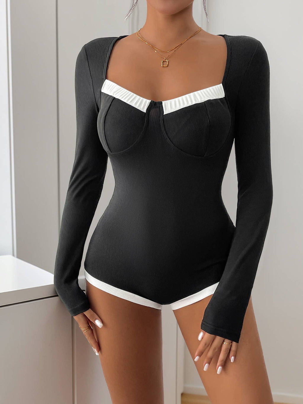 Contrast Trim Square Neck Bodysuit