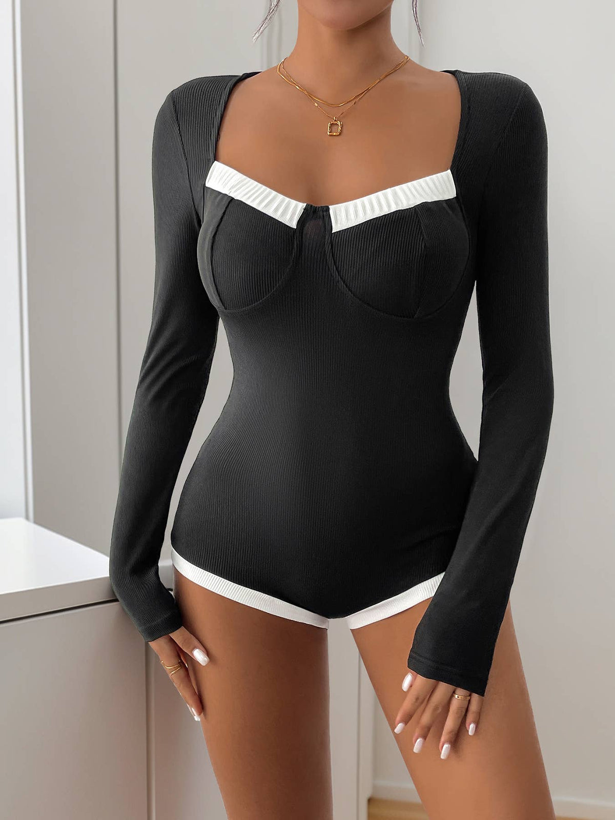 Contrast Trim Square Neck Bodysuit