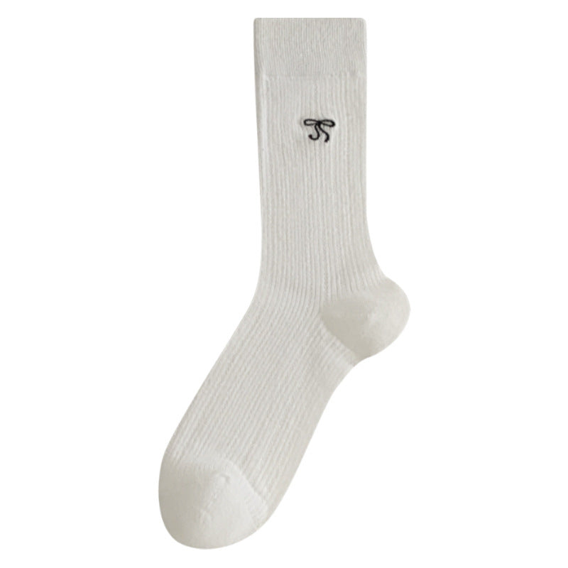 Embroidered Bow Ribbed Crew Socks - Beige - 1