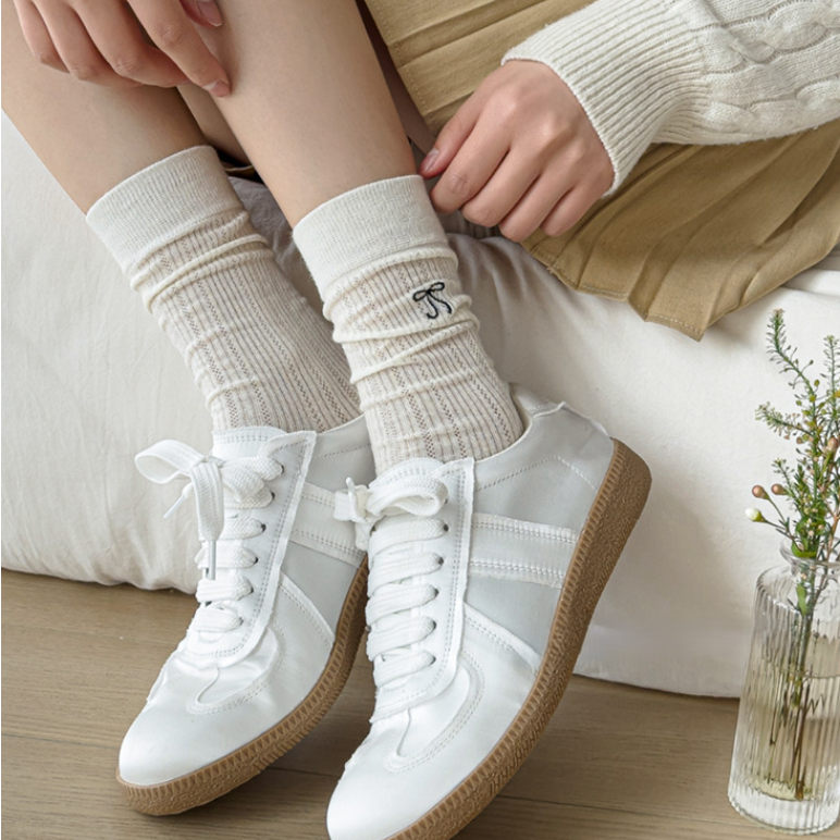 Embroidered Bow Ribbed Crew Socks - Beige - 2