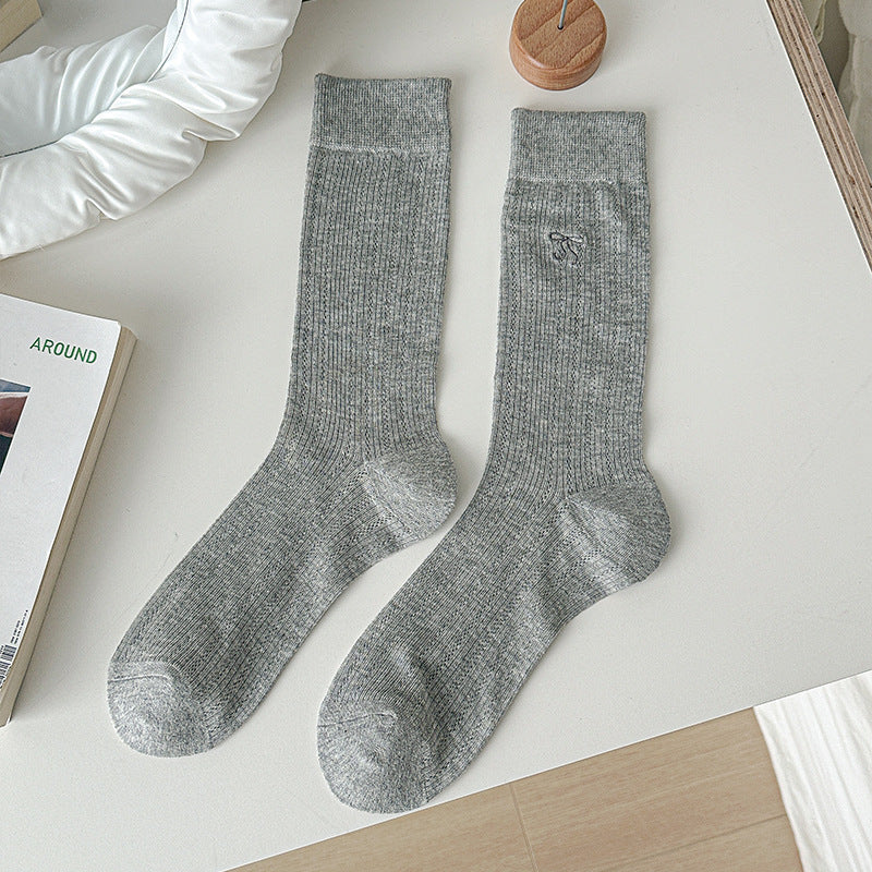 Embroidered Bow Ribbed Crew Socks - Gray