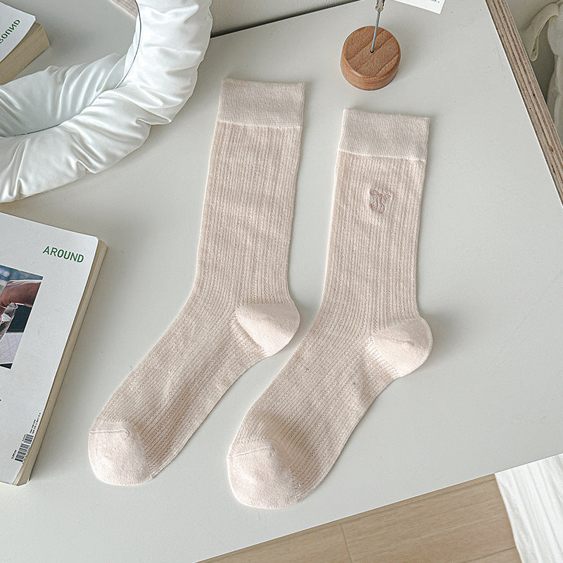 Embroidered Bow Ribbed Crew Socks - Pink