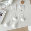 Embroidered Bow Ribbed Crew Socks - White