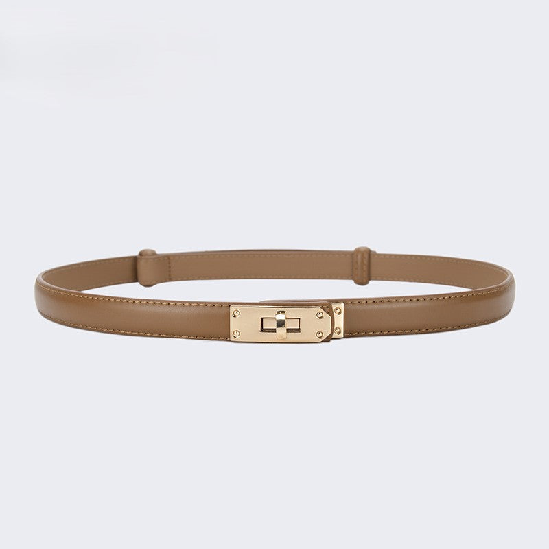 Skinny Faux Leather Plate Clasp Belt - G-Caramel