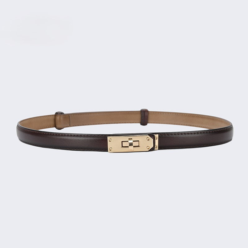 Skinny Faux Leather Plate Clasp Belt - G-Coffee