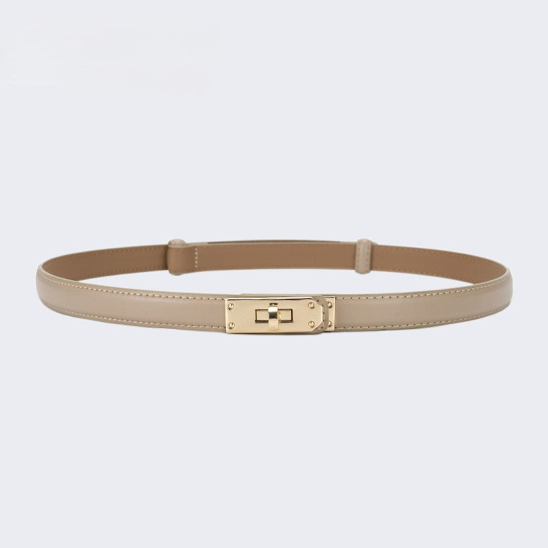 Skinny Faux Leather Plate Clasp Belt - G-Lightkhaki