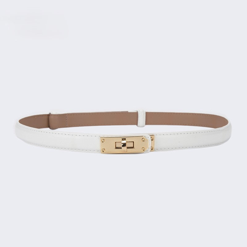 Skinny Faux Leather Plate Clasp Belt - G-White