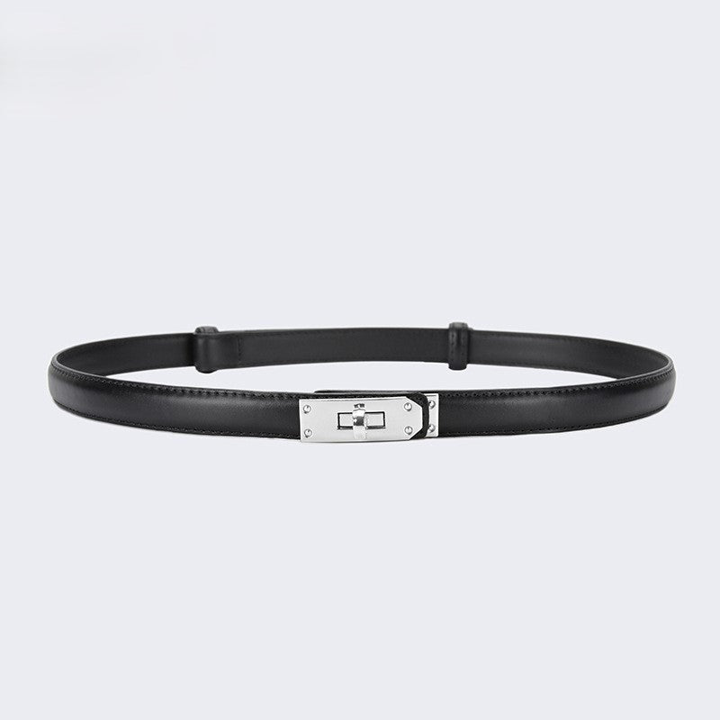 Skinny Faux Leather Plate Clasp Belt - S-Black