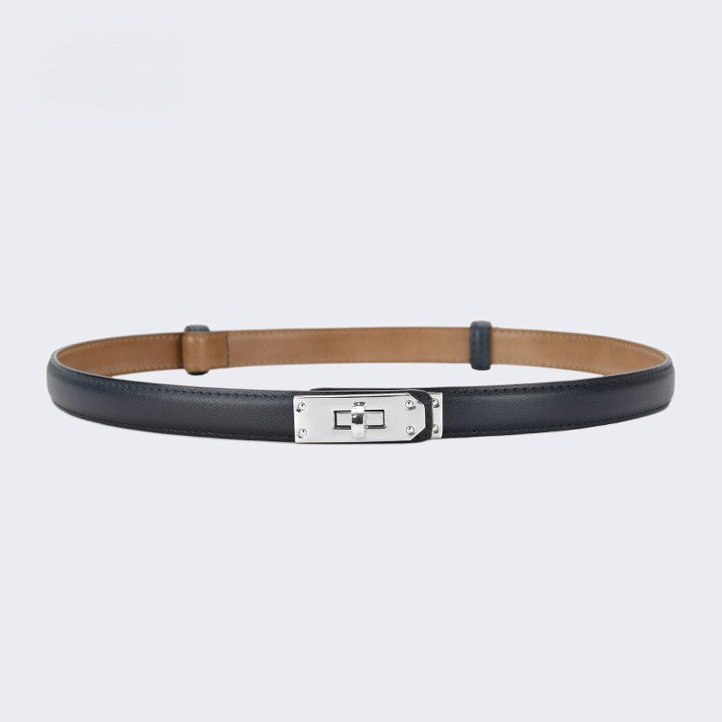 Skinny Faux Leather Plate Clasp Belt - S-Blue