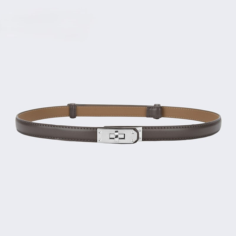 Skinny Faux Leather Plate Clasp Belt - S-Brown