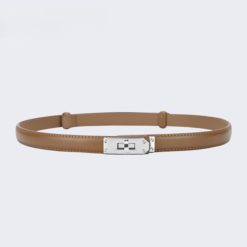 Skinny Faux Leather Plate Clasp Belt - S-Caramel