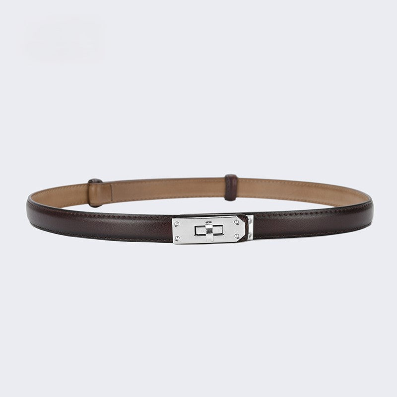 Skinny Faux Leather Plate Clasp Belt - S-Coffee