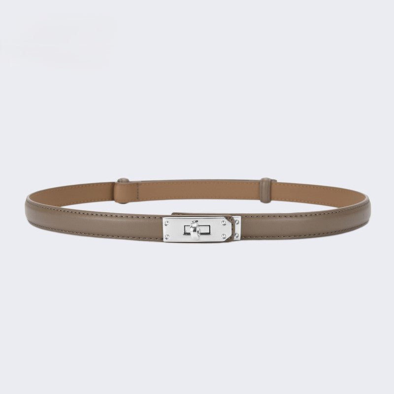Skinny Faux Leather Plate Clasp Belt - S-Khaki