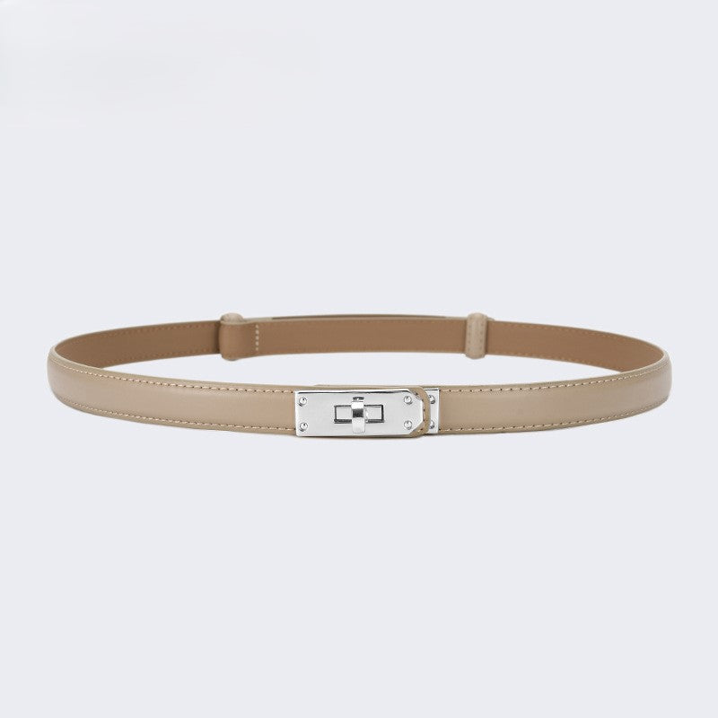 Skinny Faux Leather Plate Clasp Belt - S-Lightkhaki
