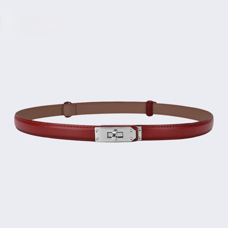 Skinny Faux Leather Plate Clasp Belt - S-Red
