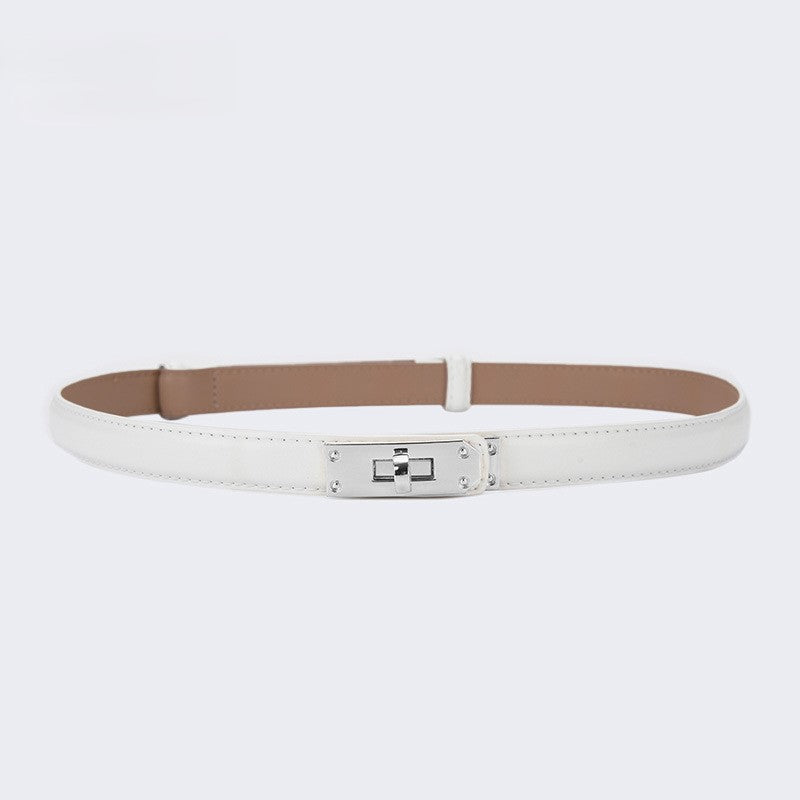 Skinny Faux Leather Plate Clasp Belt - S-White