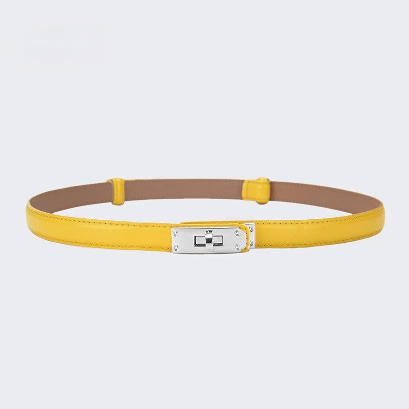 Skinny Faux Leather Plate Clasp Belt - S-Yellow