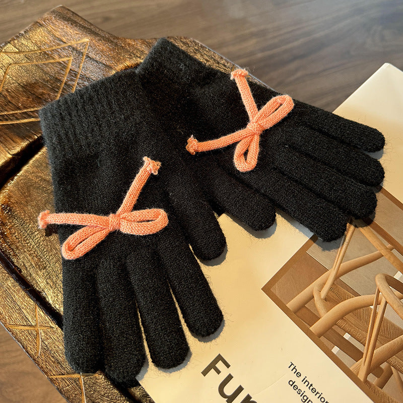 Knit Gloves With Tie Bow Detail - Black